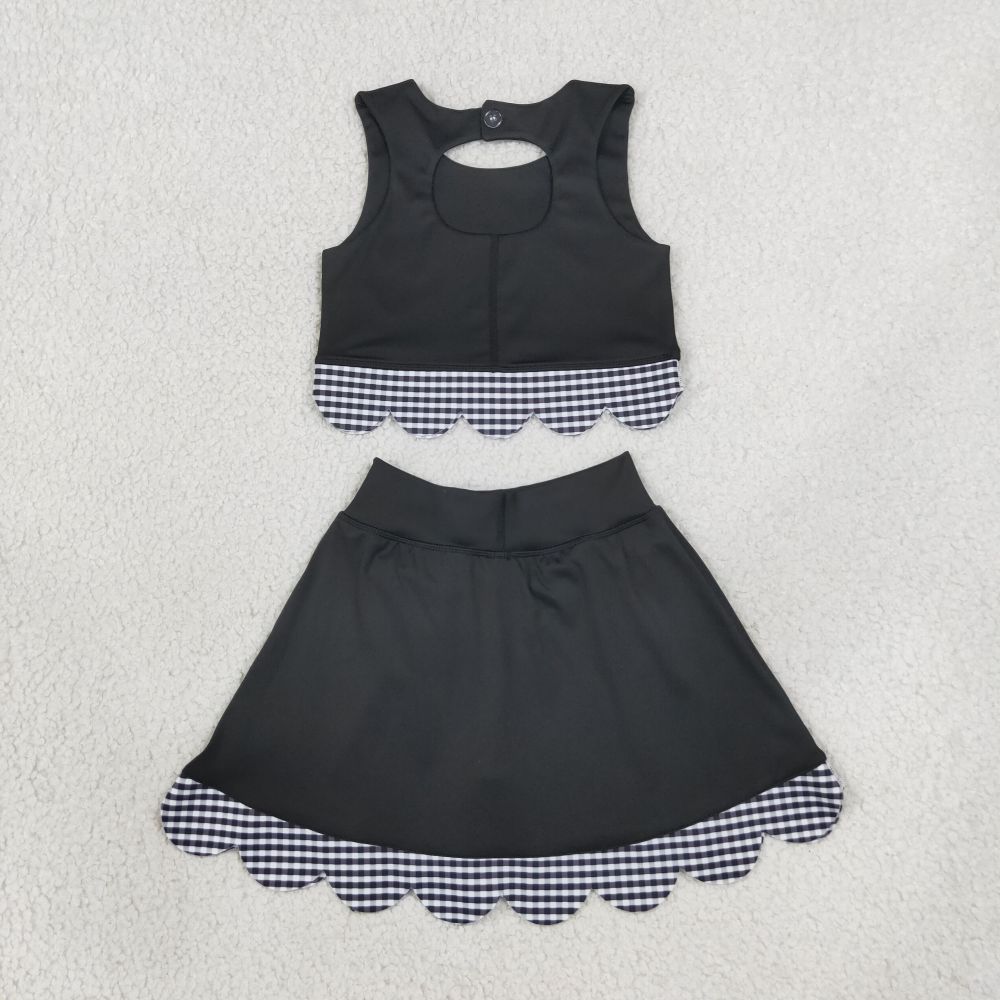 GSD41176 Black solid scallop print active girl yoga black skirt dress