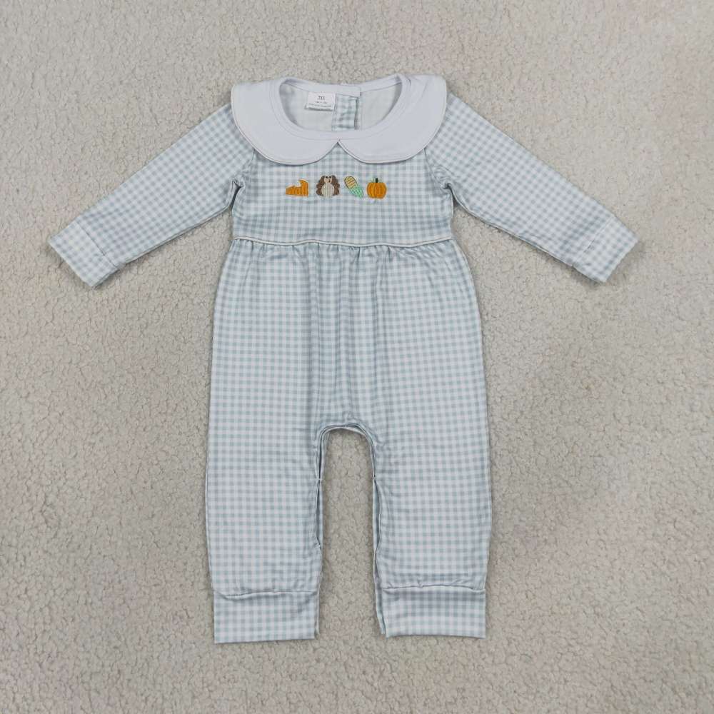 LR3105  Baby Blue plaid Thanksgiving turkey embroidery Long sleeve Rompers