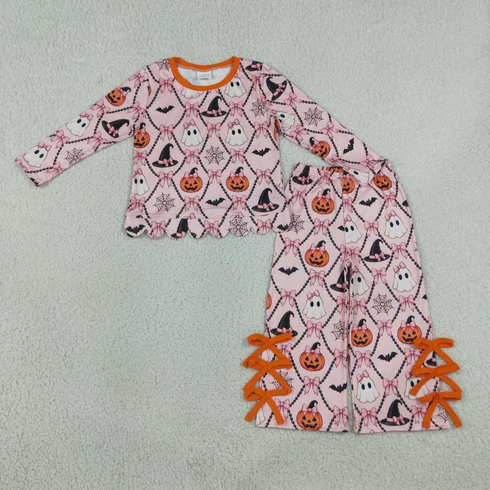 GLP3434 Pink Bows flowers Print long sleeve girl outfits