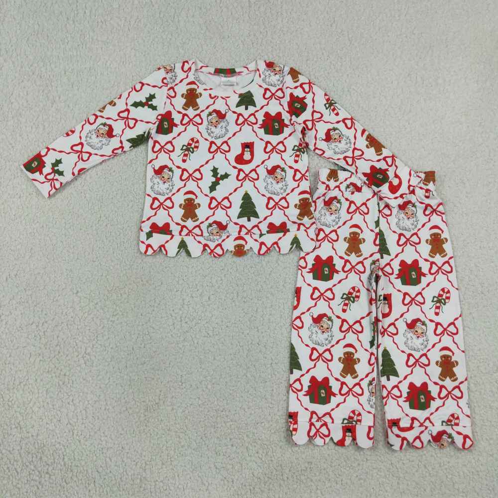 GLP3447 Christmas bows santa Print long sleeve girl scallop outfits