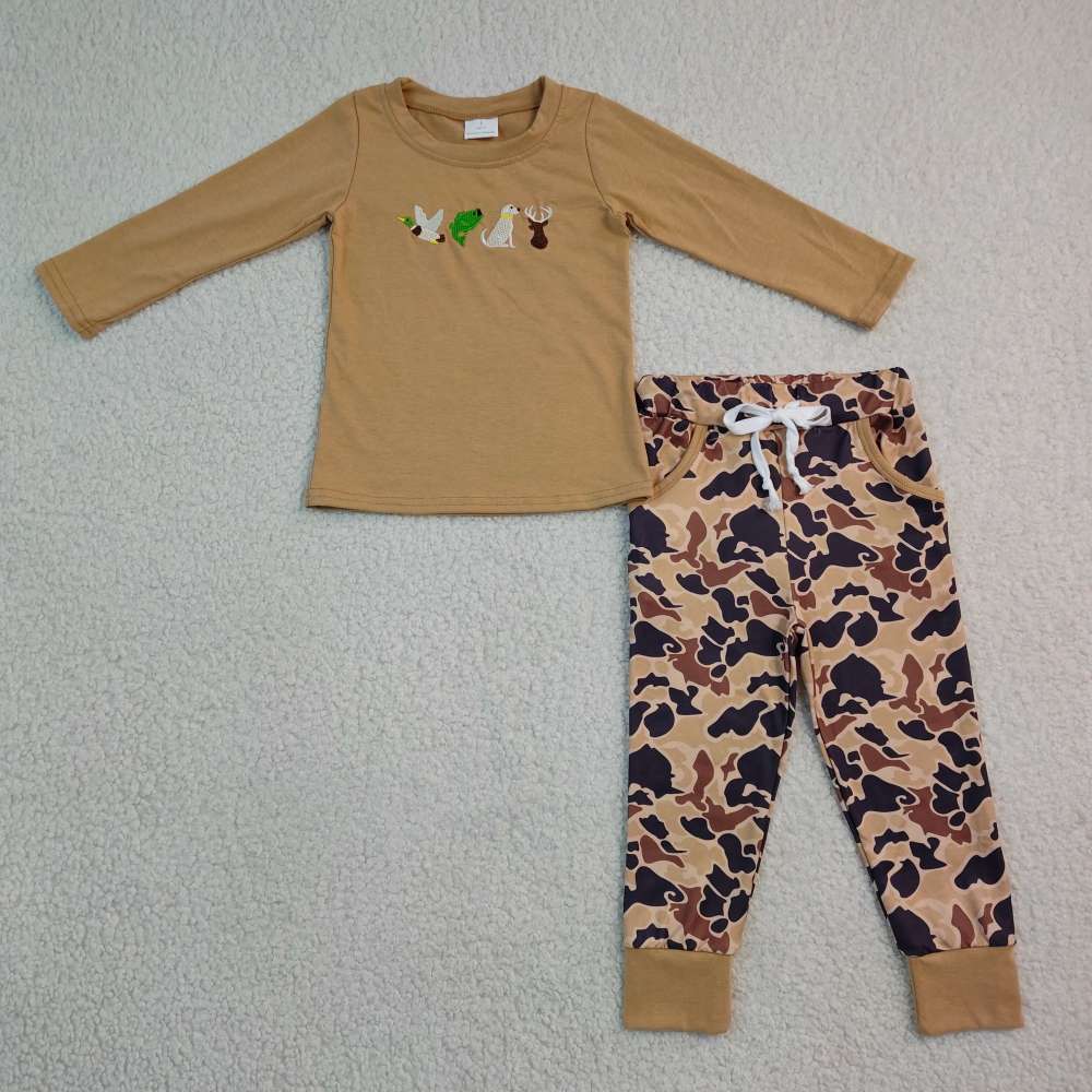 BLP1493 RTS Brown camo deer duck embroidery long sleeve boy outfits