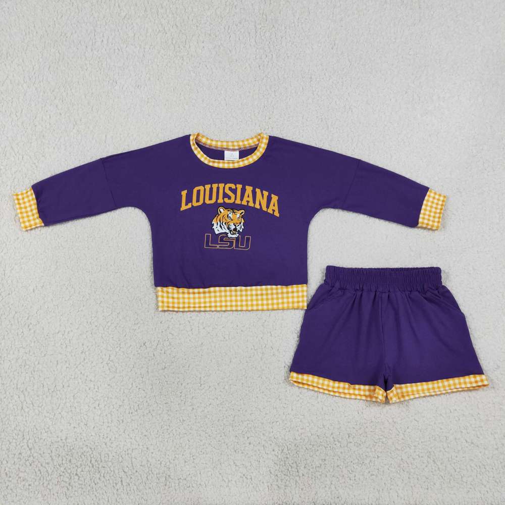 GLS0166  Baby Girls long sleeve Team  LSU Top Short school Team Clothes Sets