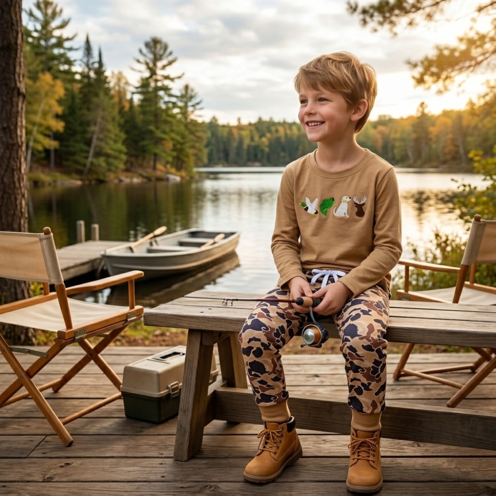 BLP1493 RTS Brown camo deer duck embroidery long sleeve boy outfits