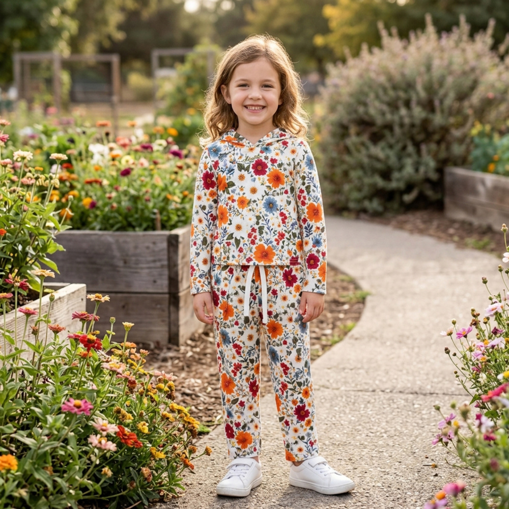 GLP3321 Pink flowers Print long sleeve girl outfits