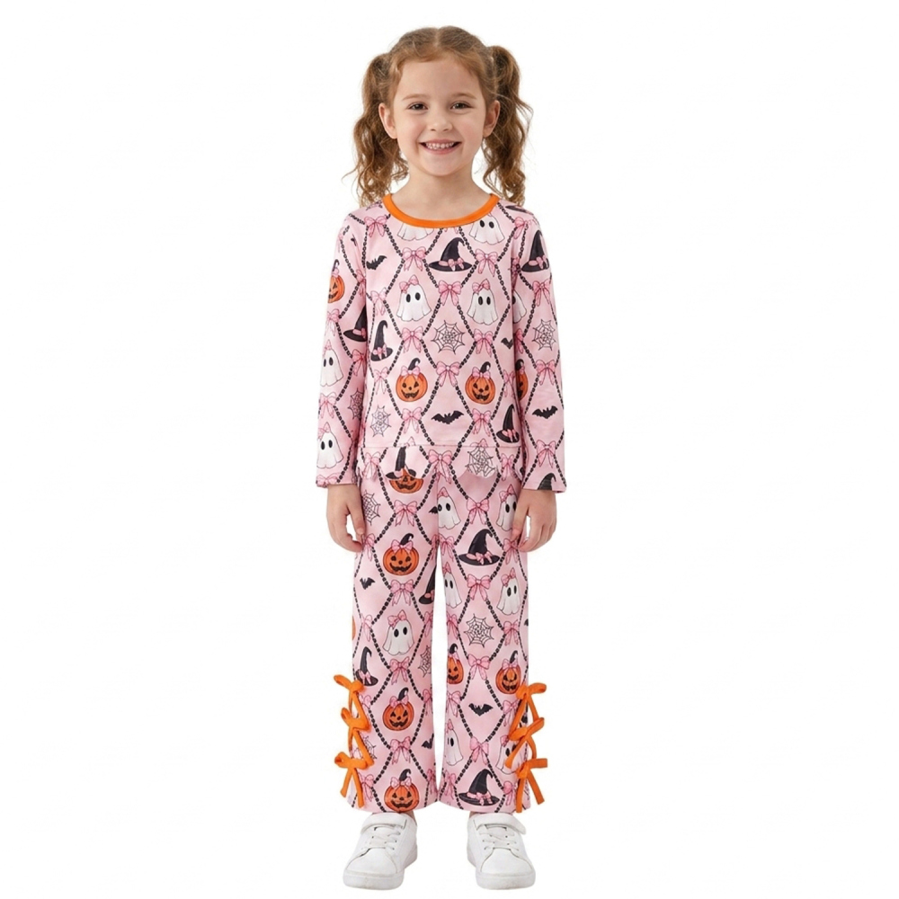 GLP3434 Pink Bows flowers Print long sleeve girl outfits
