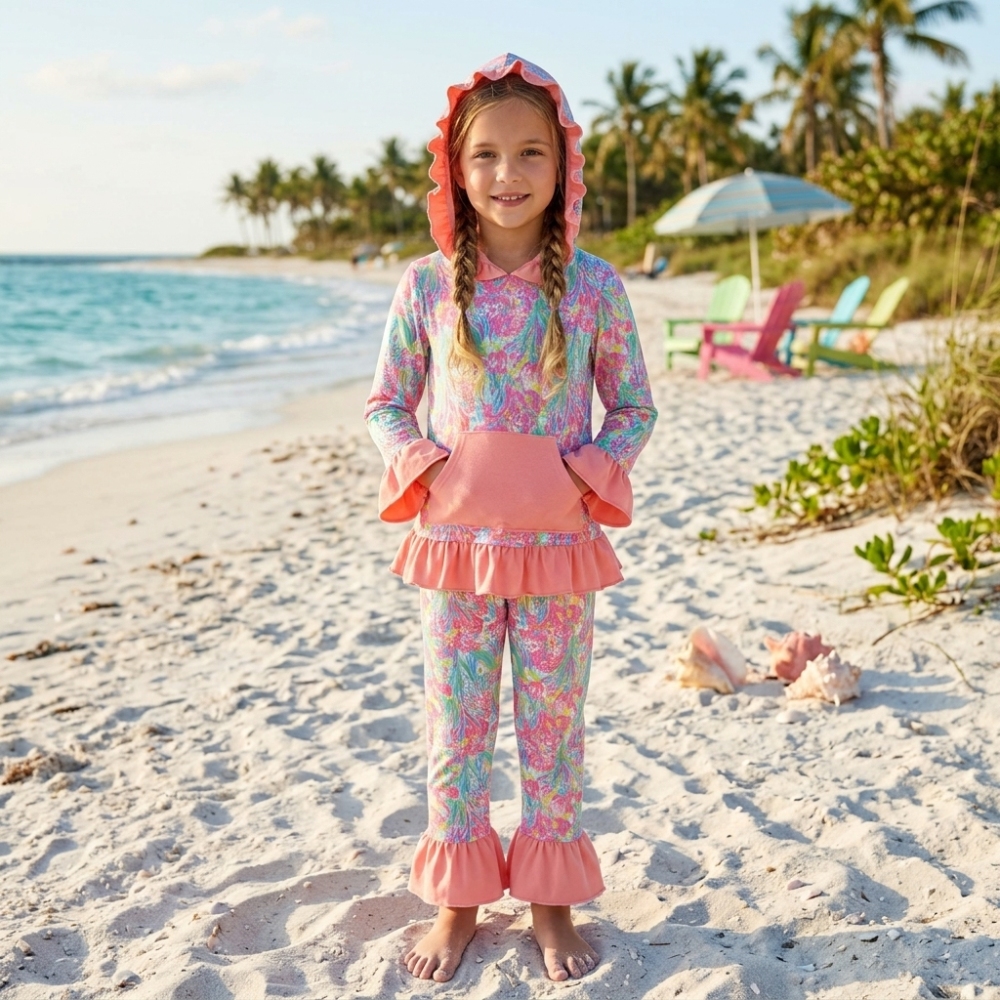 GLP3519 Pink Sea grass Print long sleeve girl hoodie outfits