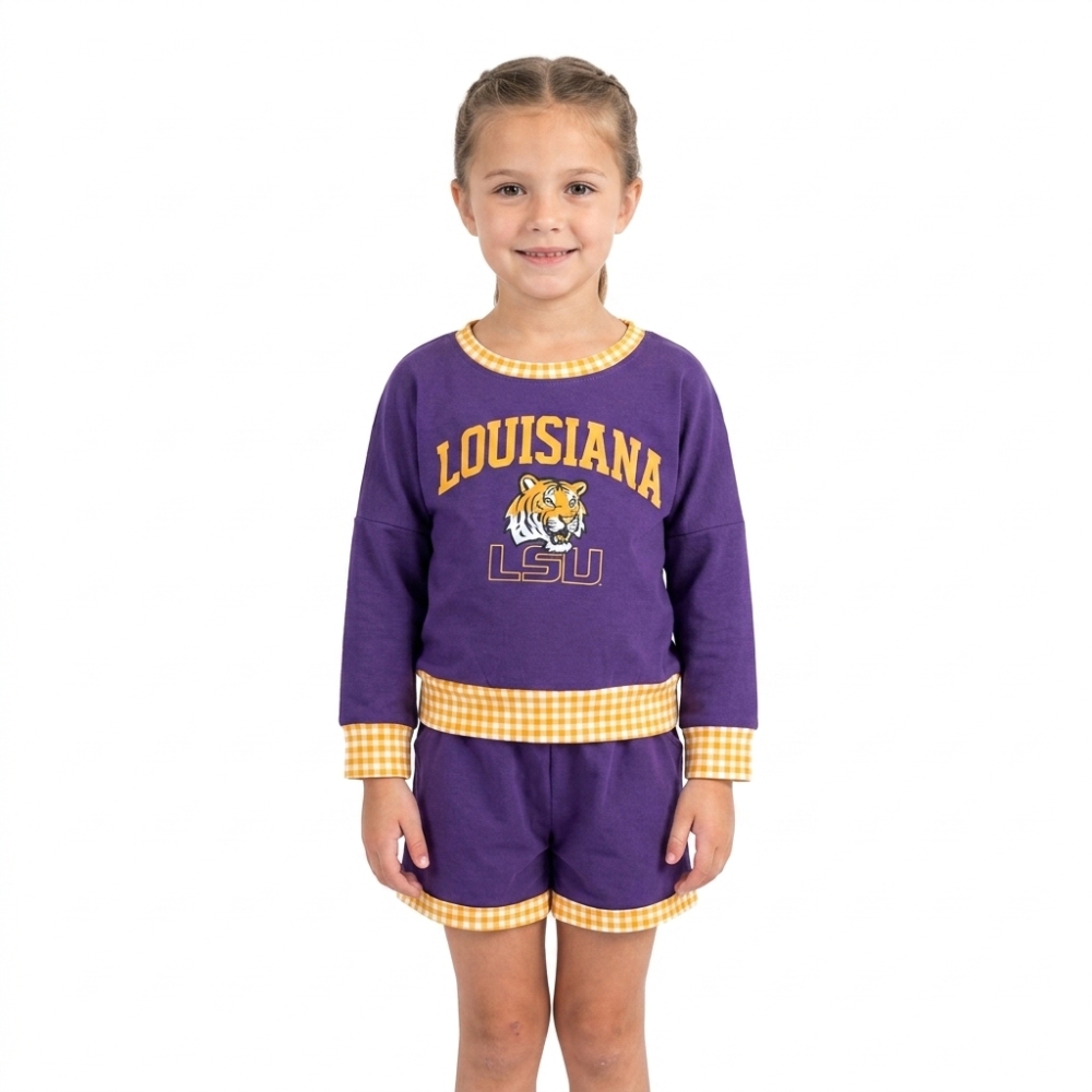 GLS0166  Baby Girls long sleeve Team  LSU Top Short school Team Clothes Sets