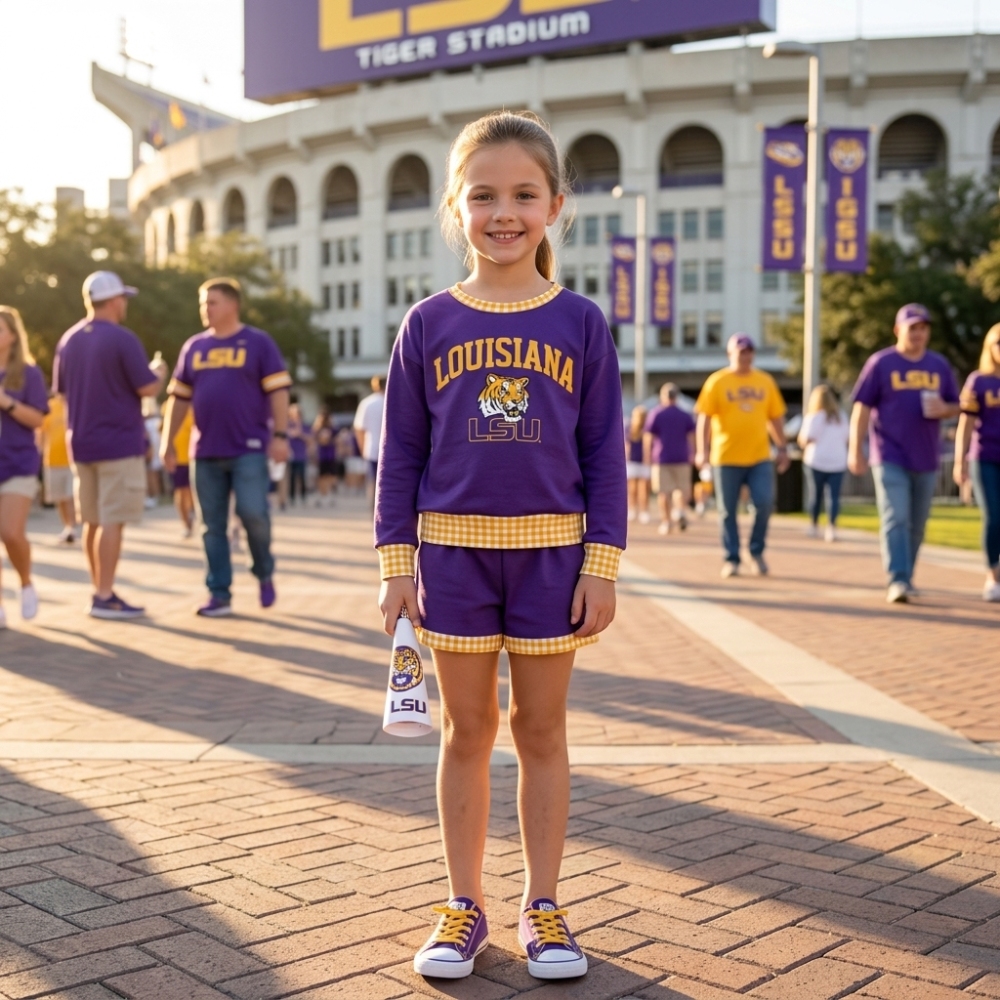 GLS0166  Baby Girls long sleeve Team  LSU Top Short school Team Clothes Sets