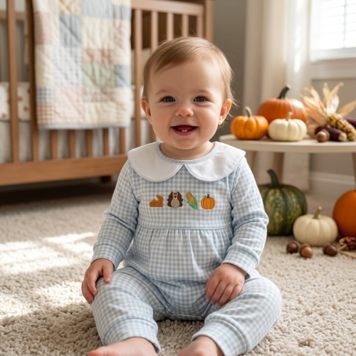 LR3105  Baby Blue plaid Thanksgiving turkey embroidery Long sleeve Rompers
