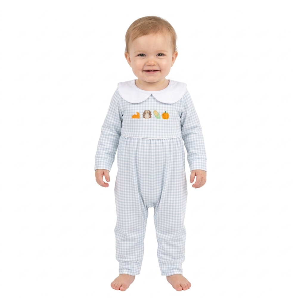 LR3105  Baby Blue plaid Thanksgiving turkey embroidery Long sleeve Rompers