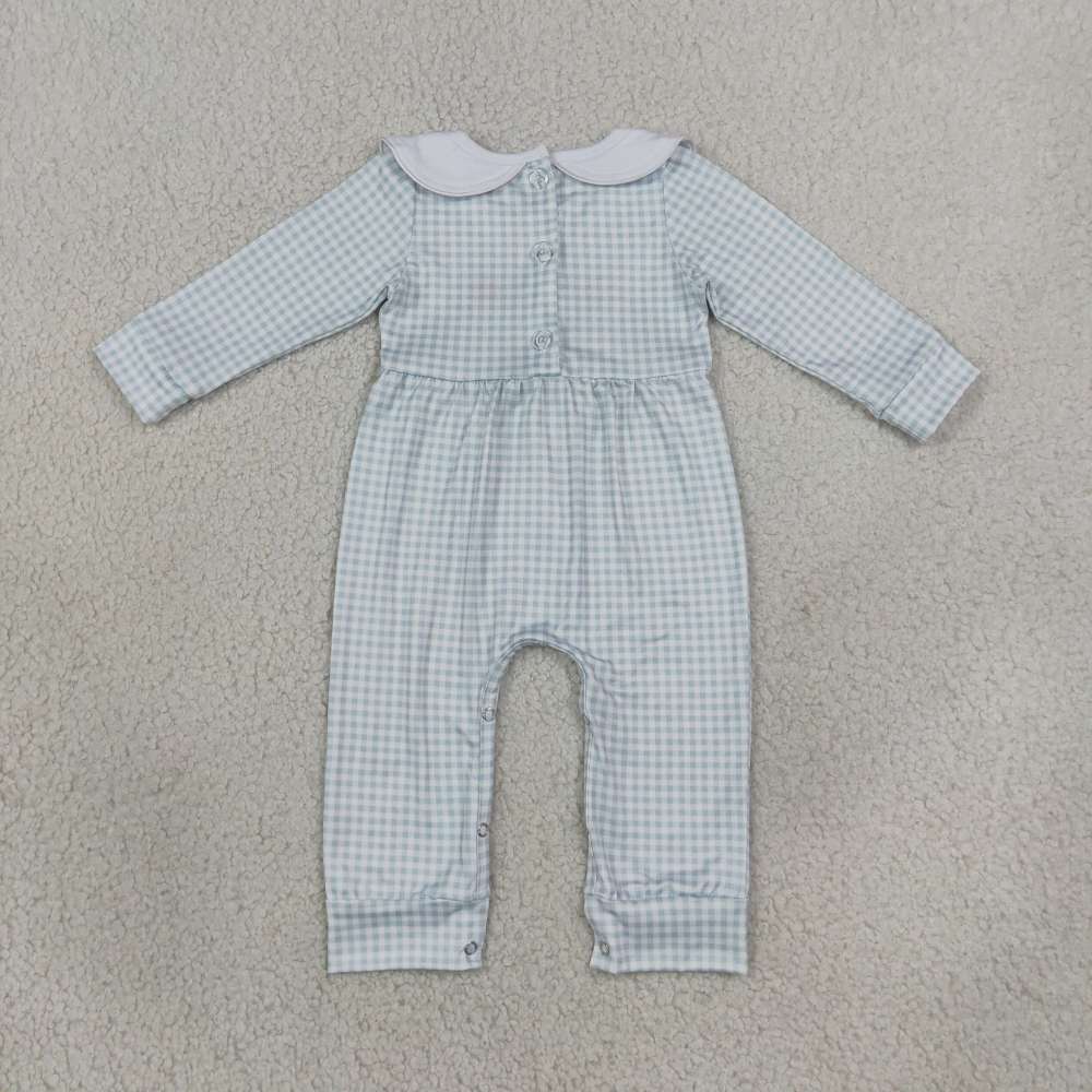 LR3105  Baby Blue plaid Thanksgiving turkey embroidery Long sleeve Rompers