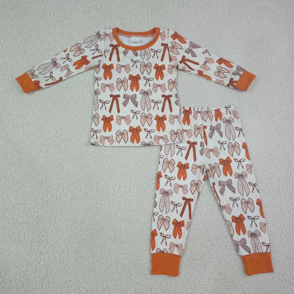 GLP3531 Pink Orange Bows Print long sleeve girl pajamas