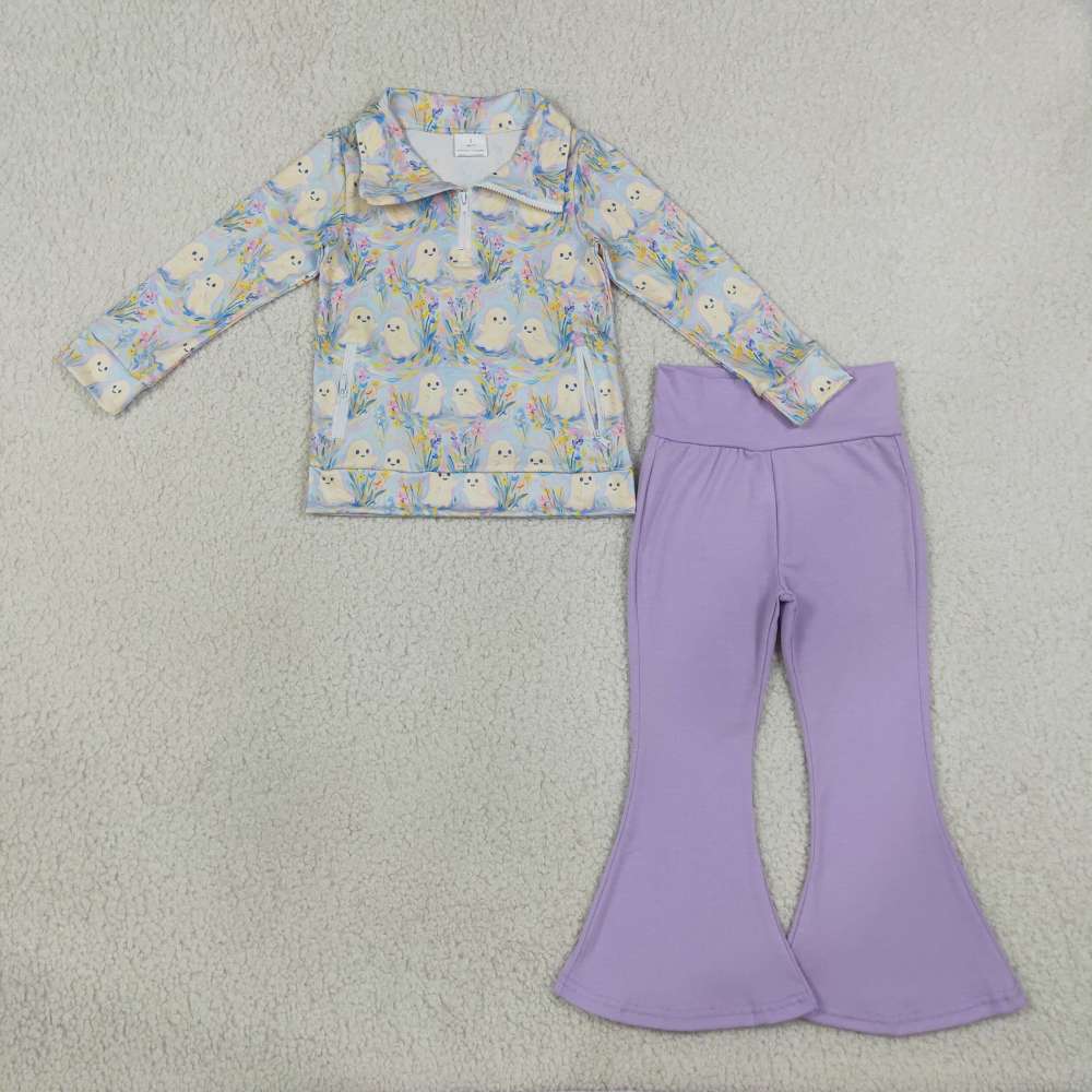 GLP3506 Purple flowers halloween boo Print long sleeve girl outfits