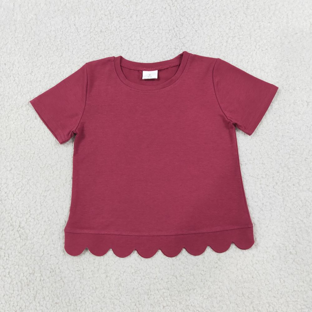 GSPO2341 Burgundy Solid Print short sleeve girl scallop outfits