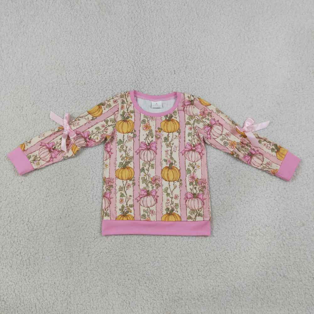 GT1659  Baby Girls Pink flowers pumpkin print Top long  sleeve top