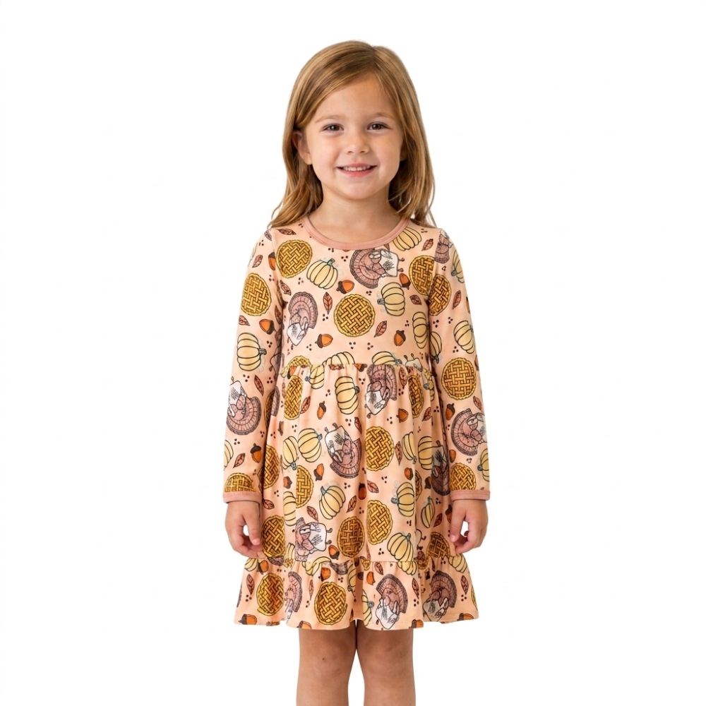 GLD1691 RTS Orange pumpkin Thanksgiving turkey print girl dress