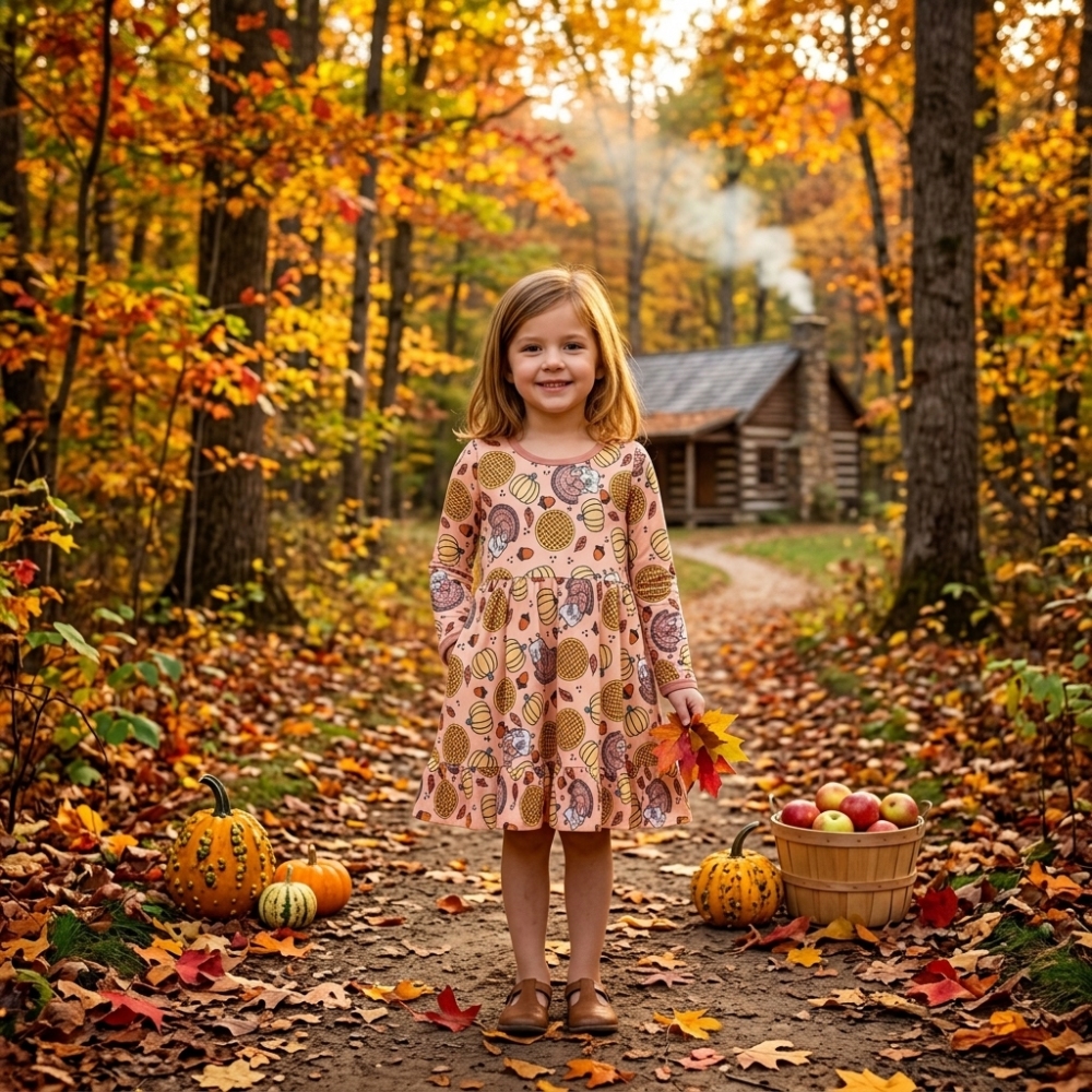 GLD1691 RTS Orange pumpkin Thanksgiving turkey print girl dress