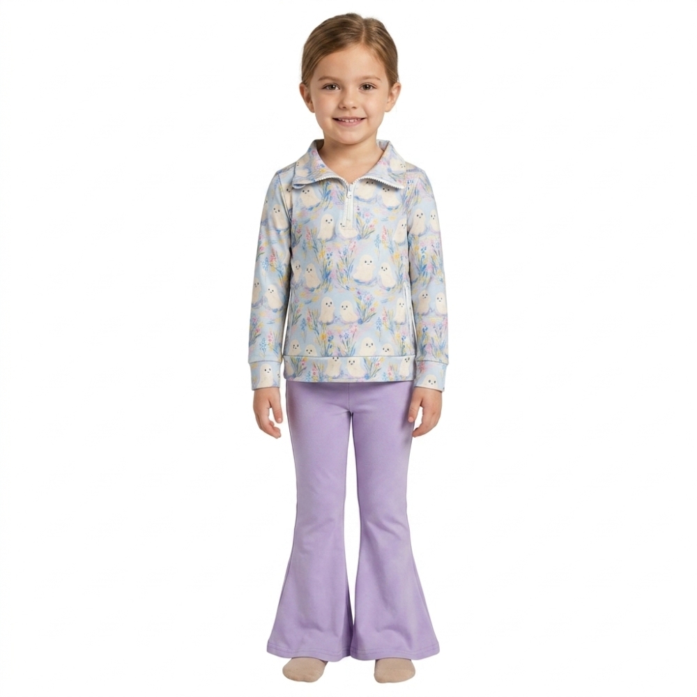 GLP3506 Purple flowers halloween boo Print long sleeve girl outfits