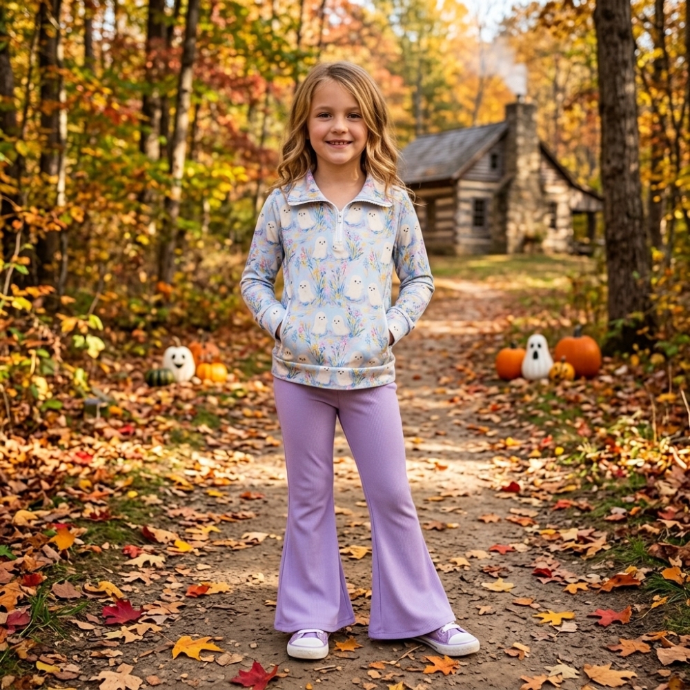 GLP3506 Purple flowers halloween boo Print long sleeve girl outfits
