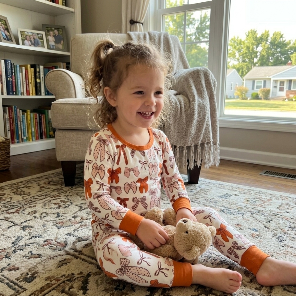 GLP3531 Pink Orange Bows Print long sleeve girl pajamas