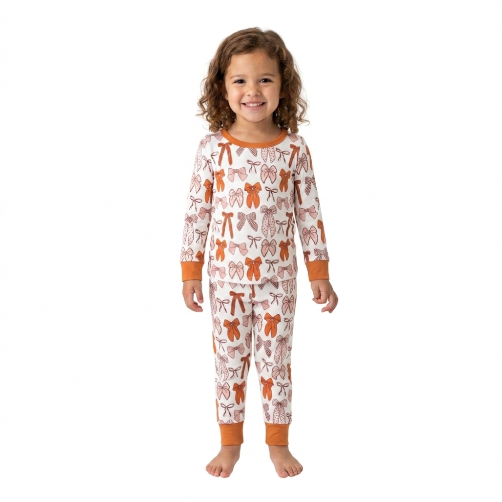 GLP3531 Pink Orange Bows Print long sleeve girl pajamas