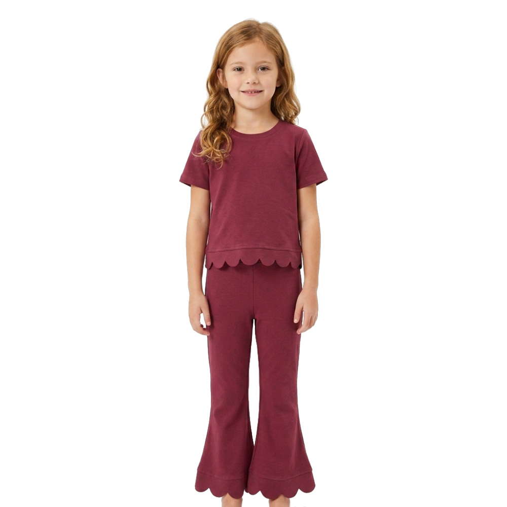 GSPO2341 Burgundy Solid Print short sleeve girl scallop outfits