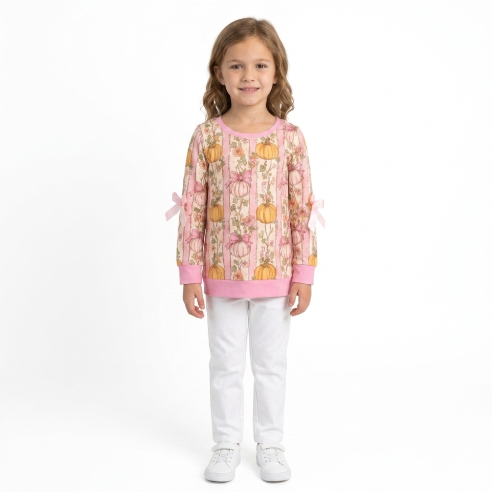 GT1659  Baby Girls Pink flowers pumpkin print Top long  sleeve top