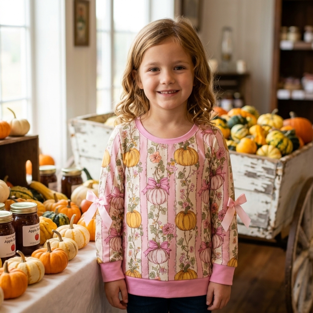 GT1659  Baby Girls Pink flowers pumpkin print Top long  sleeve top