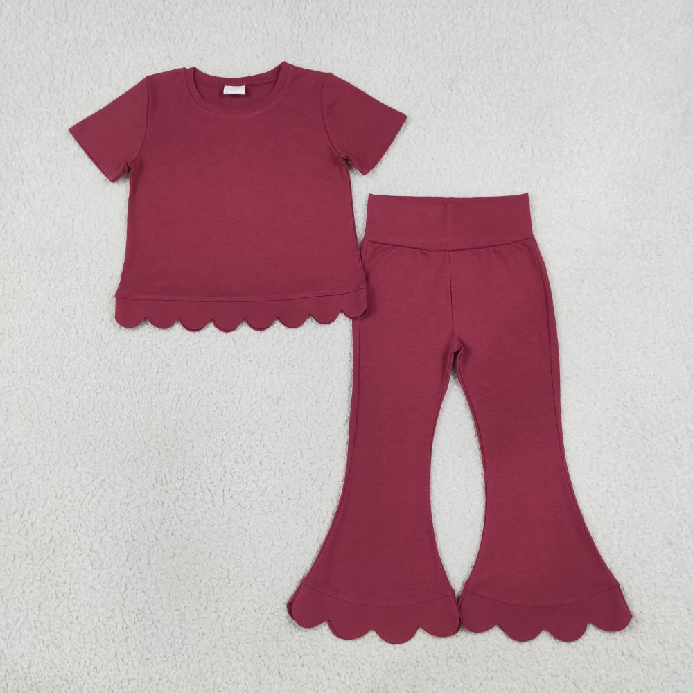 GSPO2341 Burgundy Solid Print short sleeve girl scallop outfits