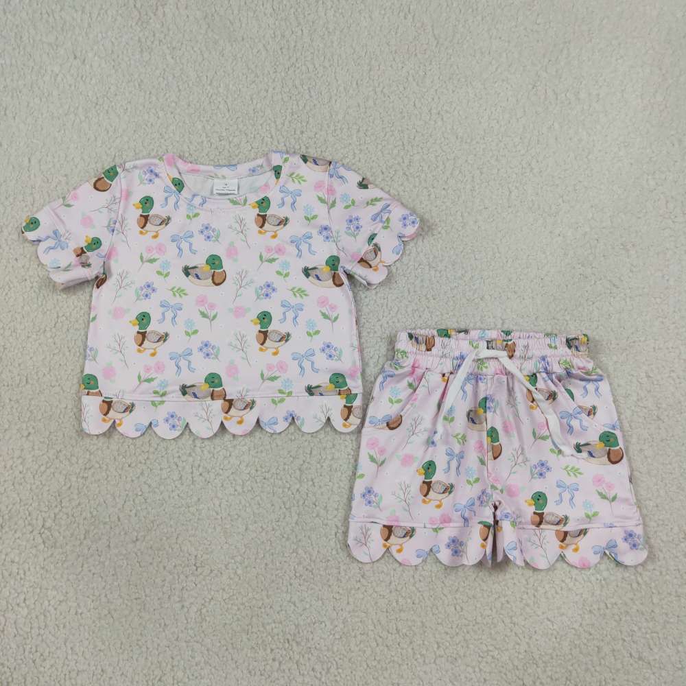 GSSO3737 flowers bows duck Print Short sleeve girl SCALLOP  outfits