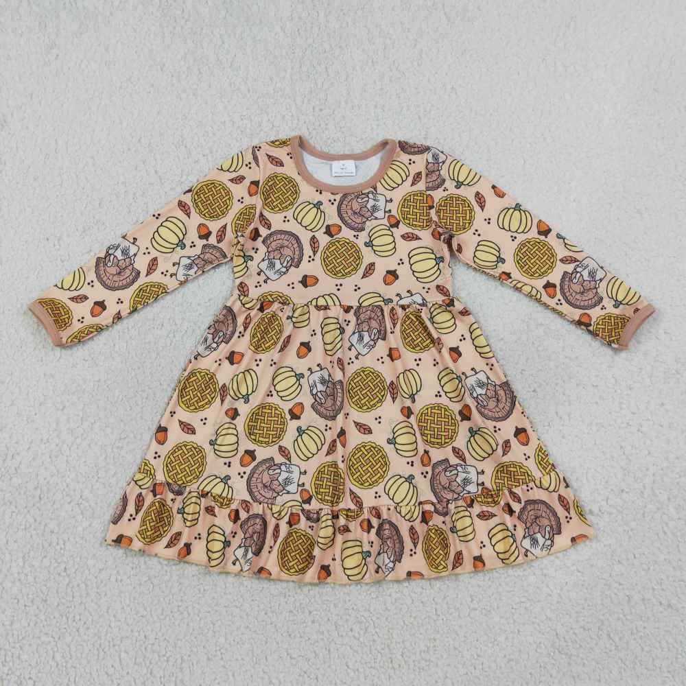 GLD1691 RTS Orange pumpkin Thanksgiving turkey print girl dress