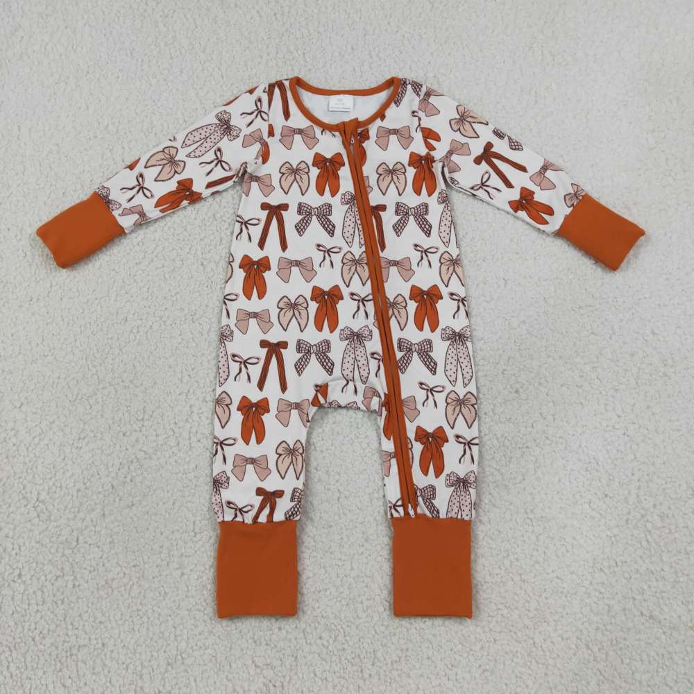LR3158 Orange bows baby girl Zipper Long-Sleeved  romper