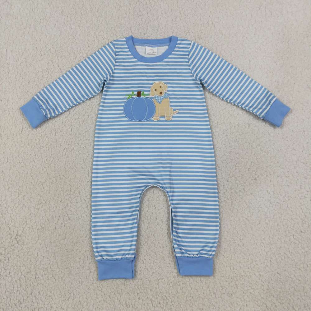 LR3141 Blue stripe Pumpkin Puppy embroidery baby girl Long-Sleeved  romper