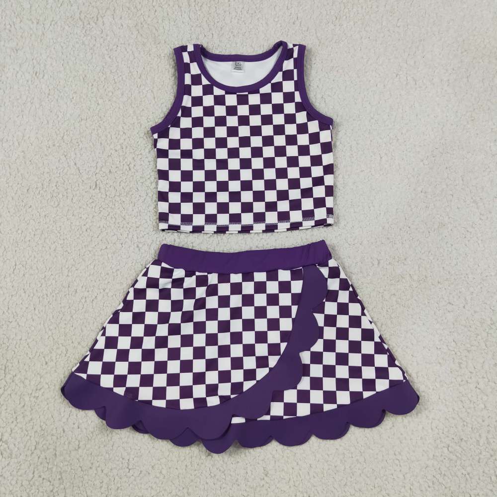 GSD4251  RTS Purple white plaid print active girl yoga scallop skirt dress