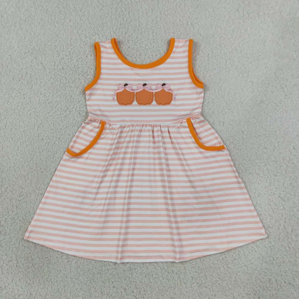 GSD4265  RTS Orange stripe pumpkin embroidery girl dress