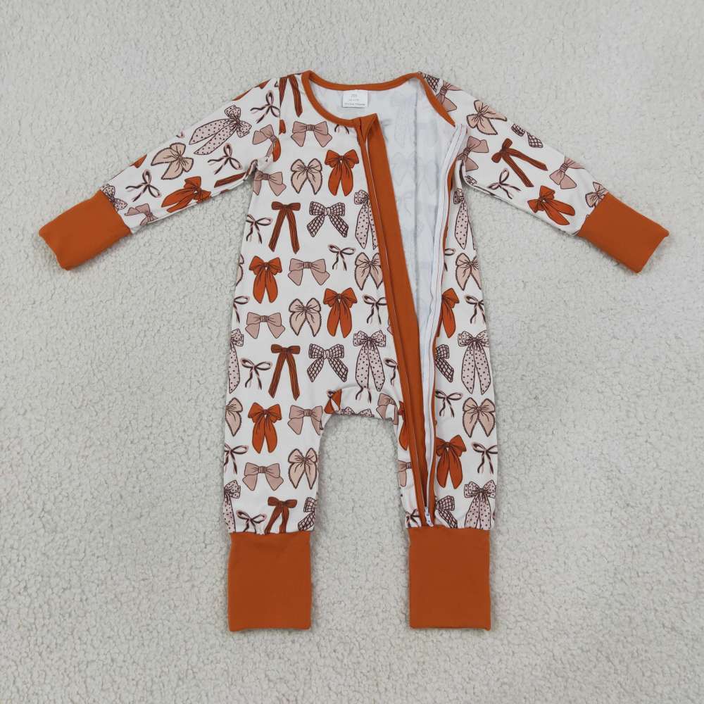 LR3158 Orange bows baby girl Zipper Long-Sleeved  romper