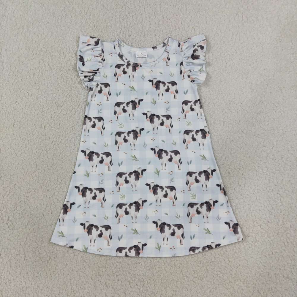 GSD3895  RTS White Blue plaid print girl dress
