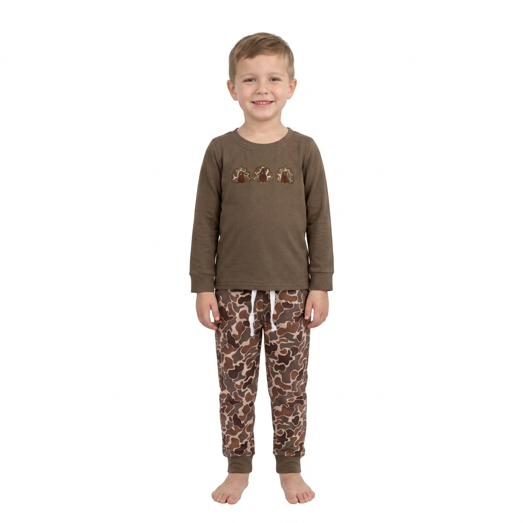 BLP1473 RTS Brown camo Thanksgiving dayTurkey embroidery long sleeve boy outfits