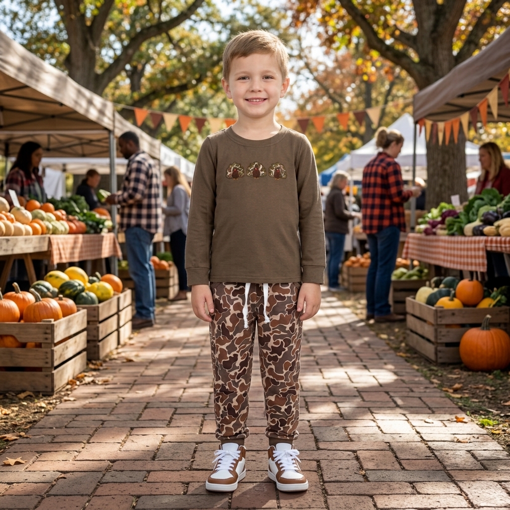 BLP1473 RTS Brown camo Thanksgiving dayTurkey embroidery long sleeve boy outfits