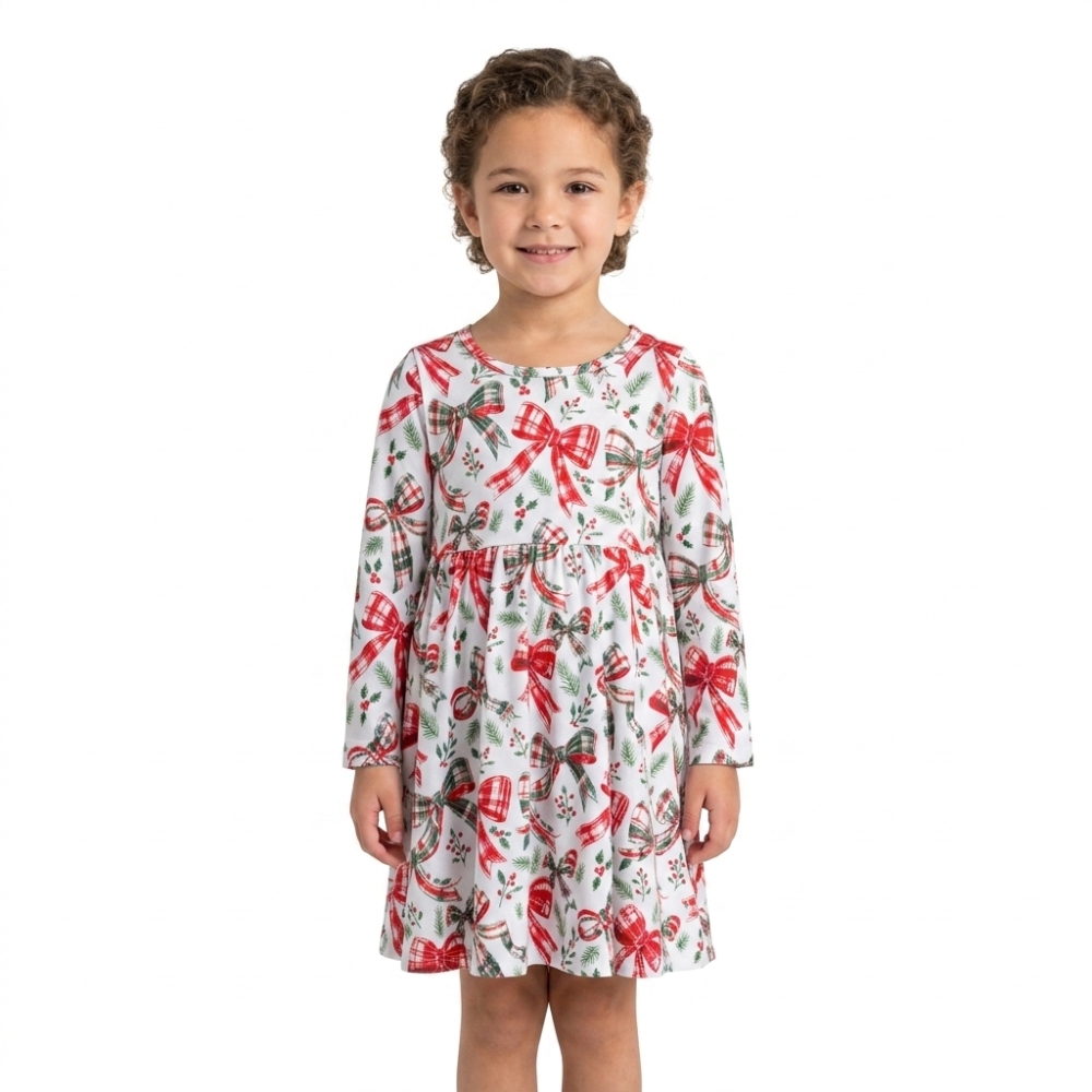 GLD1709  RTS Red green plaid print girl Christmas dress