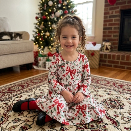 GLD1709  RTS Red green plaid print girl Christmas dress