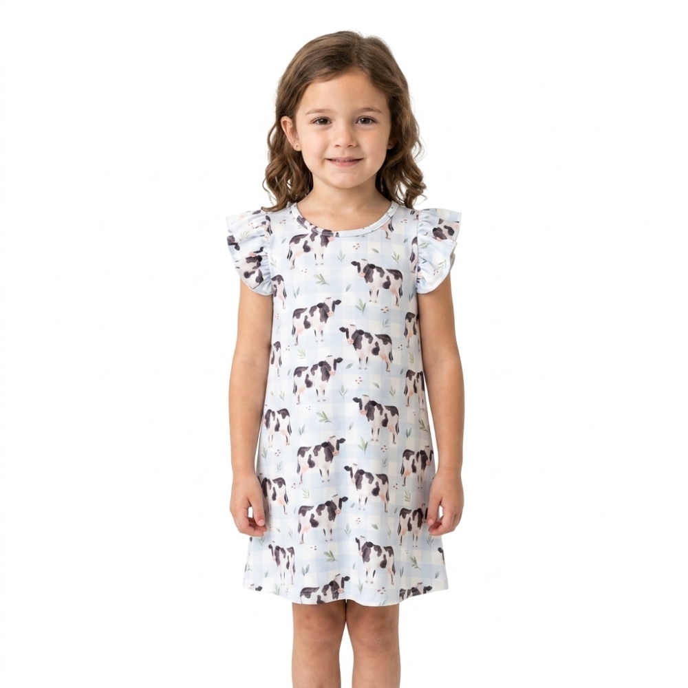 GSD3895  RTS White Blue plaid print girl dress