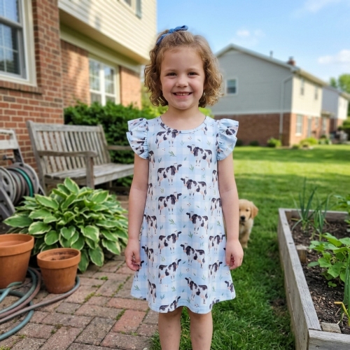 GSD3895  RTS White Blue plaid print girl dress