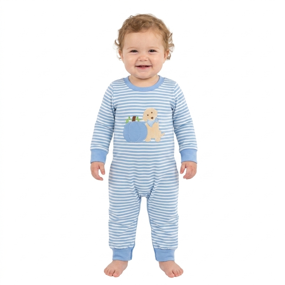 LR3141 Blue stripe Pumpkin Puppy embroidery baby girl Long-Sleeved  romper