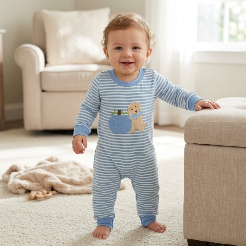 LR3141 Blue stripe Pumpkin Puppy embroidery baby girl Long-Sleeved  romper