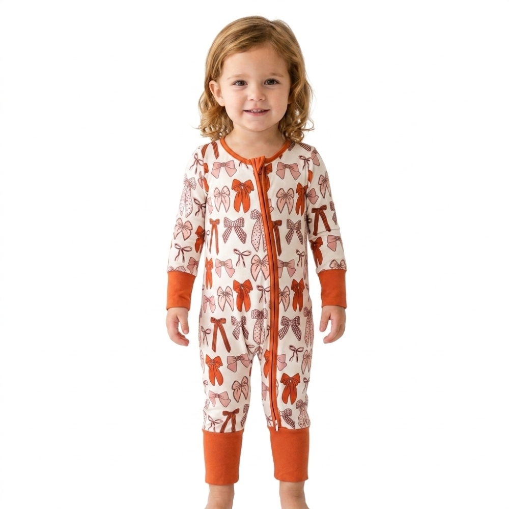 LR3158 Orange bows baby girl Zipper Long-Sleeved  romper