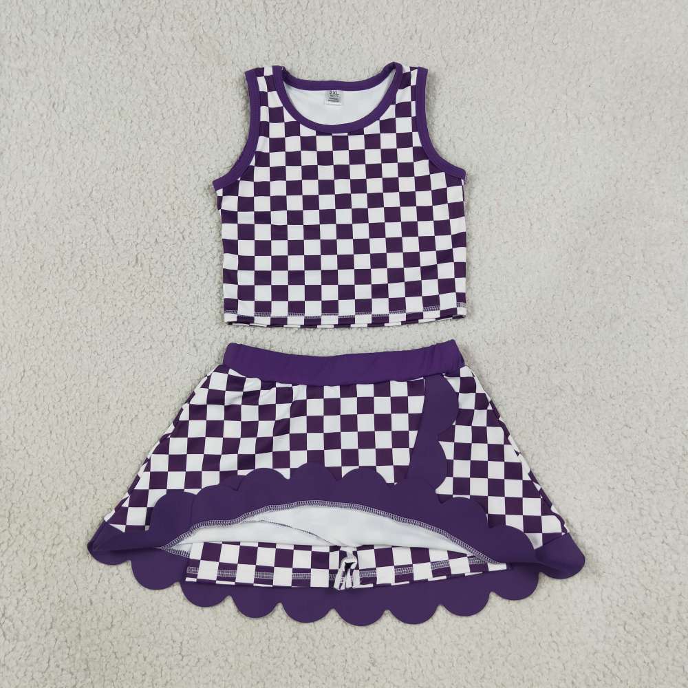 GSD4251  RTS Purple white plaid print active girl yoga scallop skirt dress