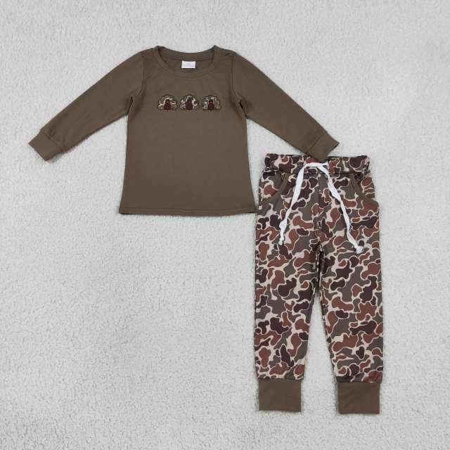 BLP1473 RTS Brown camo Thanksgiving dayTurkey embroidery long sleeve boy outfits