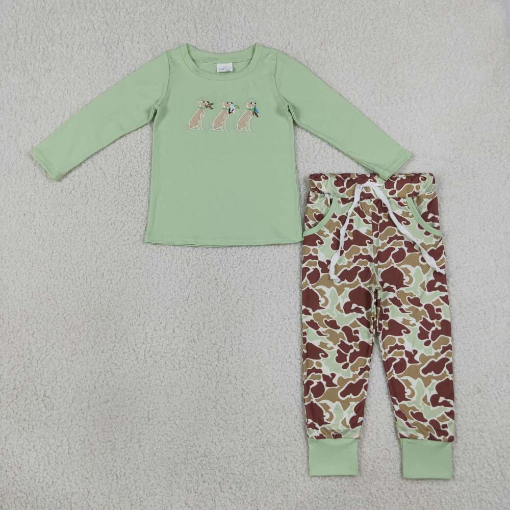 BLP1492  RTS Green puppy duck deer embroidery long sleeve boy camo  outfits