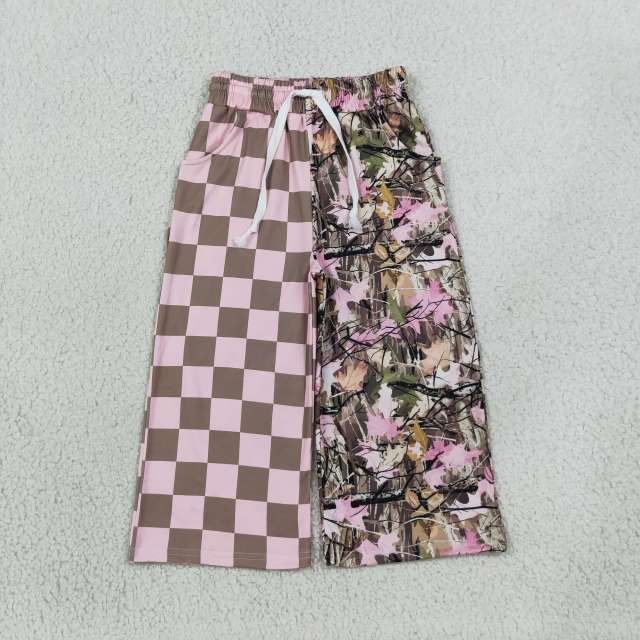 P1093 girl Pink brown plaid leaves trouse pants